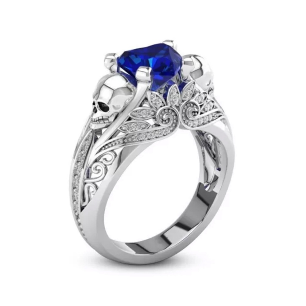 Exquisite Women's Skull Ring in 14k White Gold Plated Heart Sapphire 925 Silver